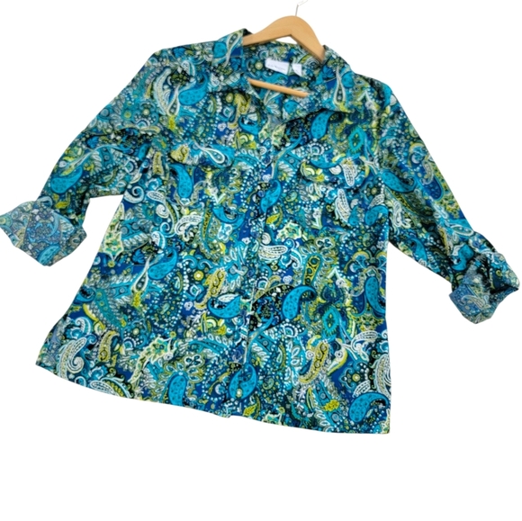 Kim Rogers Paisley Button-Up Shirt Size PL Petite Large Roll Up Tab Sleeves - Picture 1 of 15